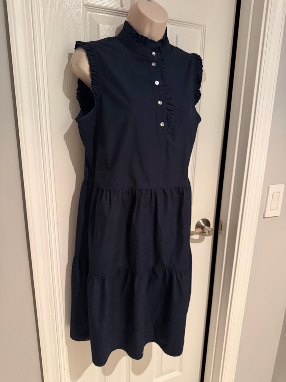 Ruffle-Trim Navy Midi Dress with Button Placket
